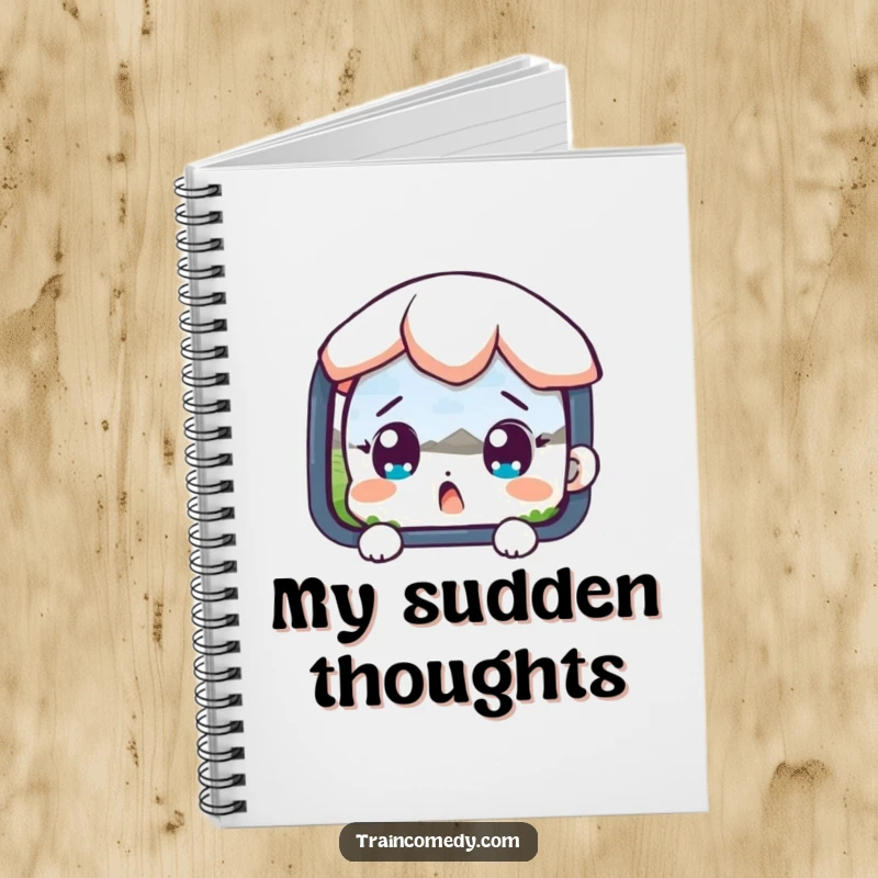 Funny notebook featuring a surprised character with wide eyes looking out at a landscape, ideal for notes and sketches.