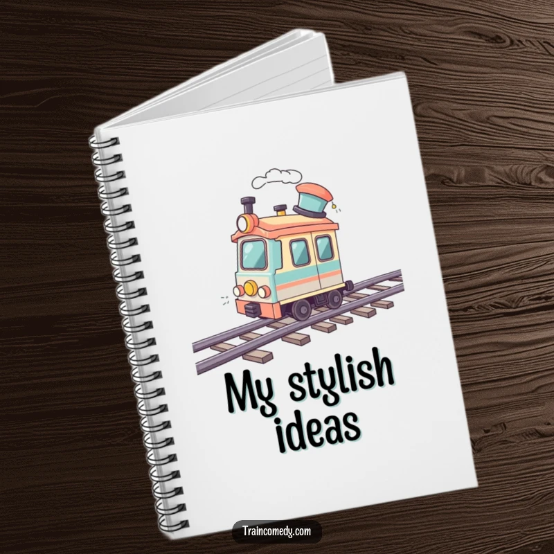 Funny notebook with a train car wearing a jaunty hat, speeding on a wavy track. Perfect for notes and creative ideas.