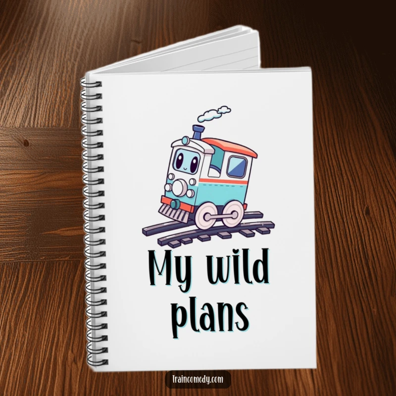 Funny playful train character doing a cartwheel on tracks, inspiring fun and creativity, a perfect notebook for playful ideas.