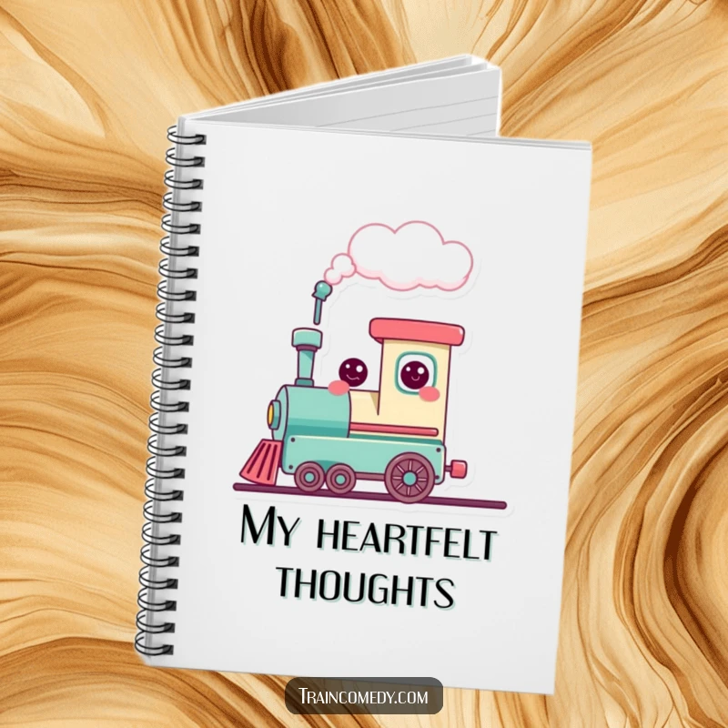 Funny cute train character puffing a heart-shaped cloud, inspiring love and creativity, a perfect notebook for sweet thoughts.