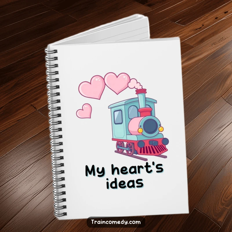 Funny notebook cover featuring a Kawaii train car with smoke shaped like hearts trailing behind, perfect for jotting ideas.