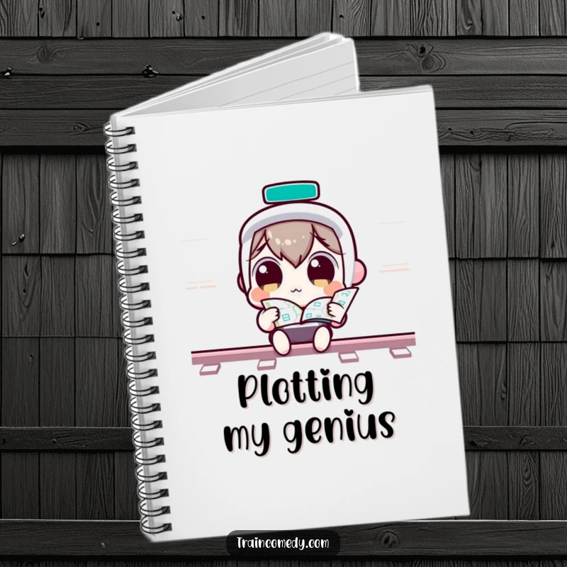 Funny Notebook: Curious Kawaii character with wide eyes looking at a train map, perfect for planning and notes, a cute funny gift.