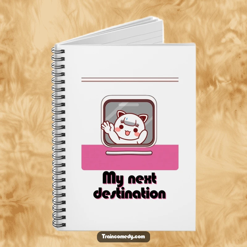 Funny Notebook: Charming Kawaii character waves from a train, perfect for jotting down notes and dreams, a cute funny gift.