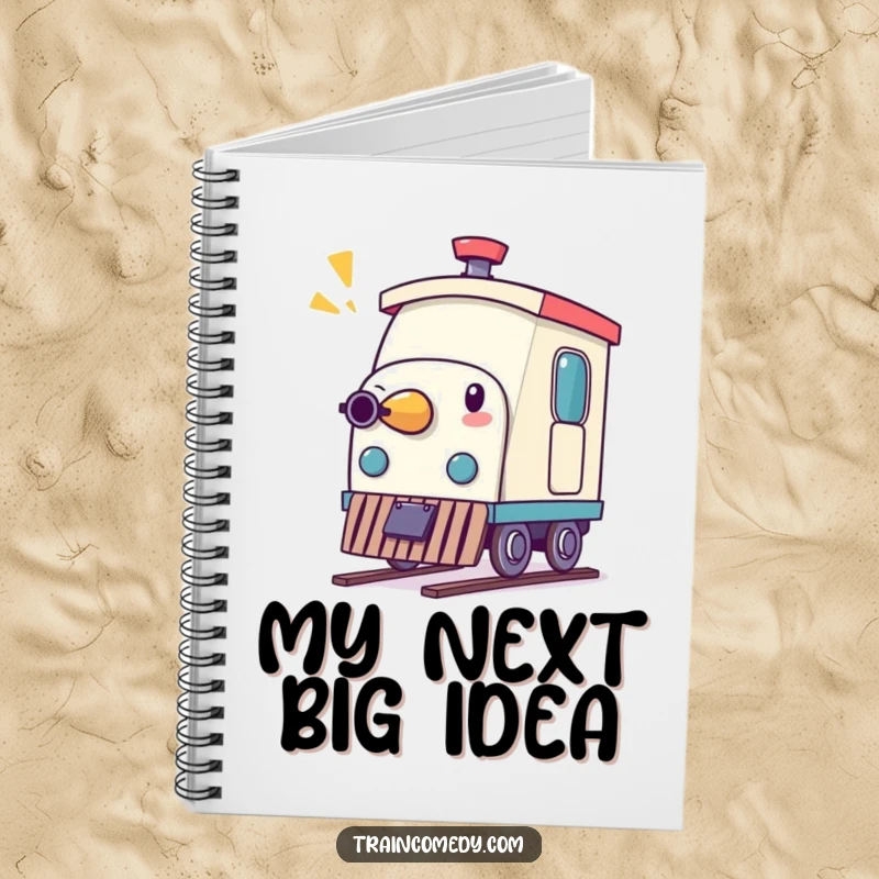Funny notebook showcasing a whimsical pencil character comically imitating a train whistle, perfect for jotting down inspired ideas.