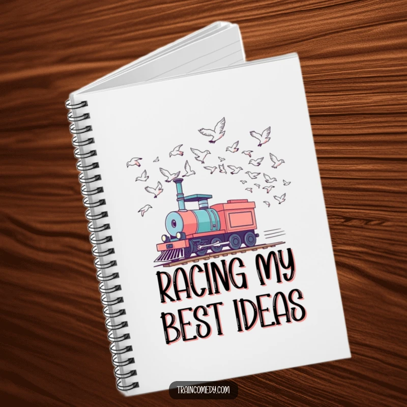 Funny train notebook showing a locomotive in a playful race against birds in the sky, great for jotting down humorous notes.