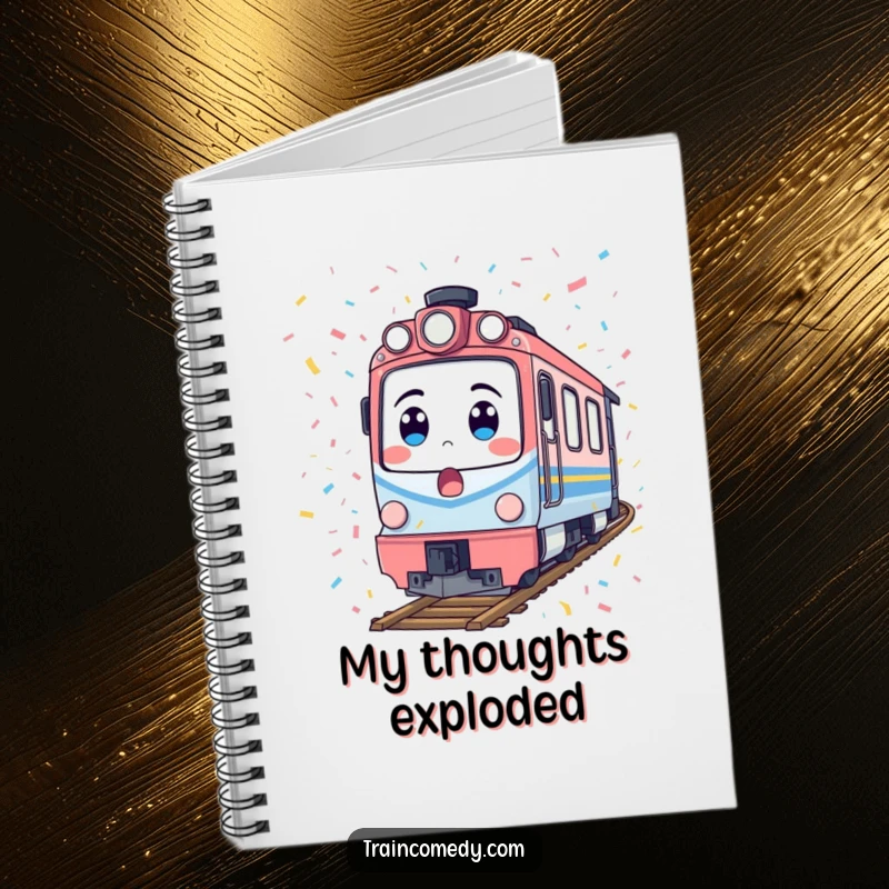 Funny train notebook showing a surprised locomotive covered in confetti, great for jotting down humorous notes and party ideas.