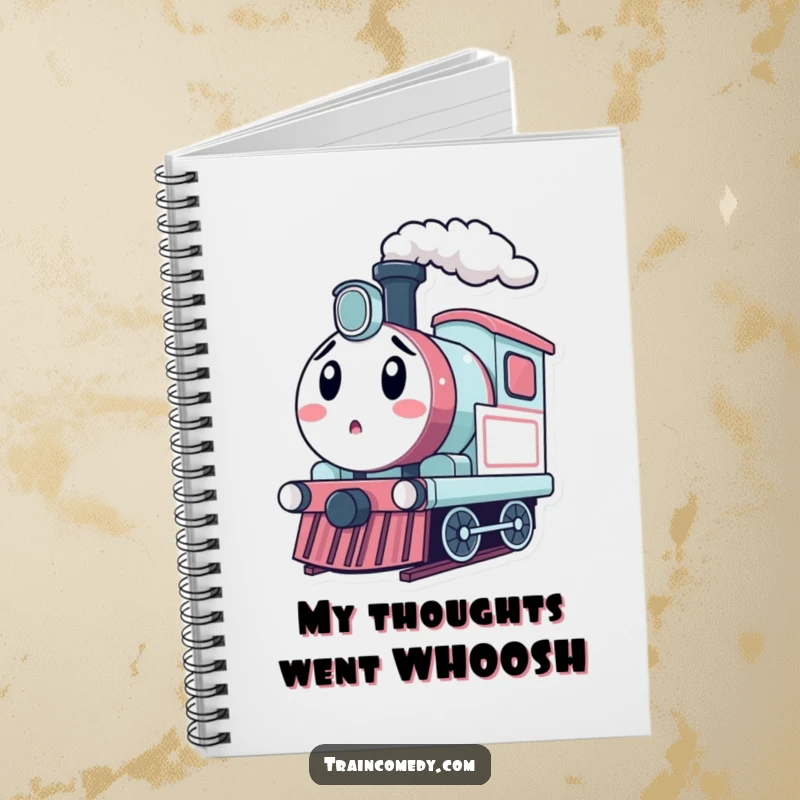 Funny kawaii train engine character steaming with surprise on a notebook, perfect for capturing unexpected thoughts.