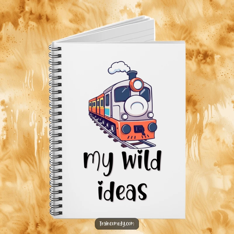 A determined train navigating a sharp curve, featured on a notebook for creative and humorous planning. A fun funny gift.