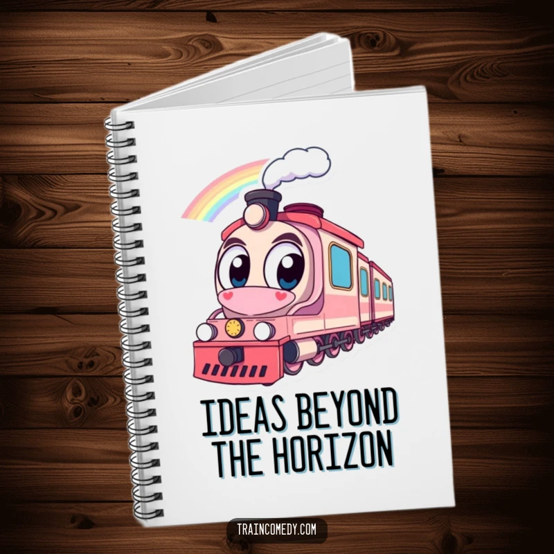 Funny notebook with a train character's large eyes looking at a rainbow, encouraging creative writing and note-taking with a joyful theme.