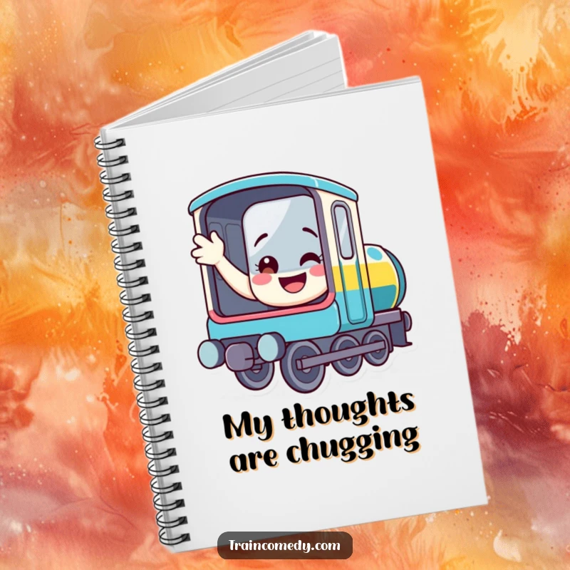 Funny train notebook with a friendly smiling locomotive waving from its window, perfect for jotting down humorous notes and ideas.