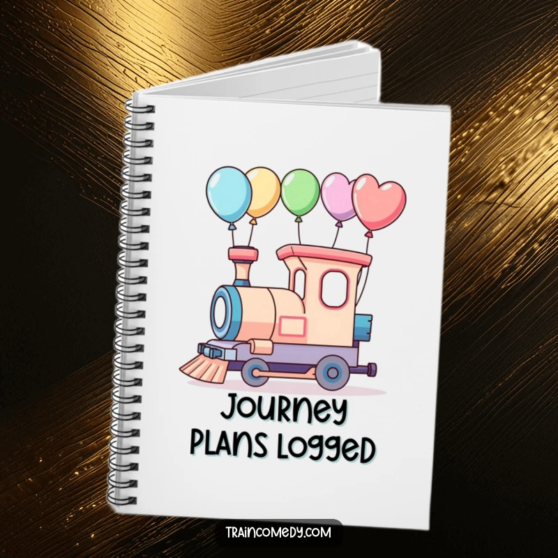 Funny notebook featuring a whimsical train with balloons, ready for your adventure notes.