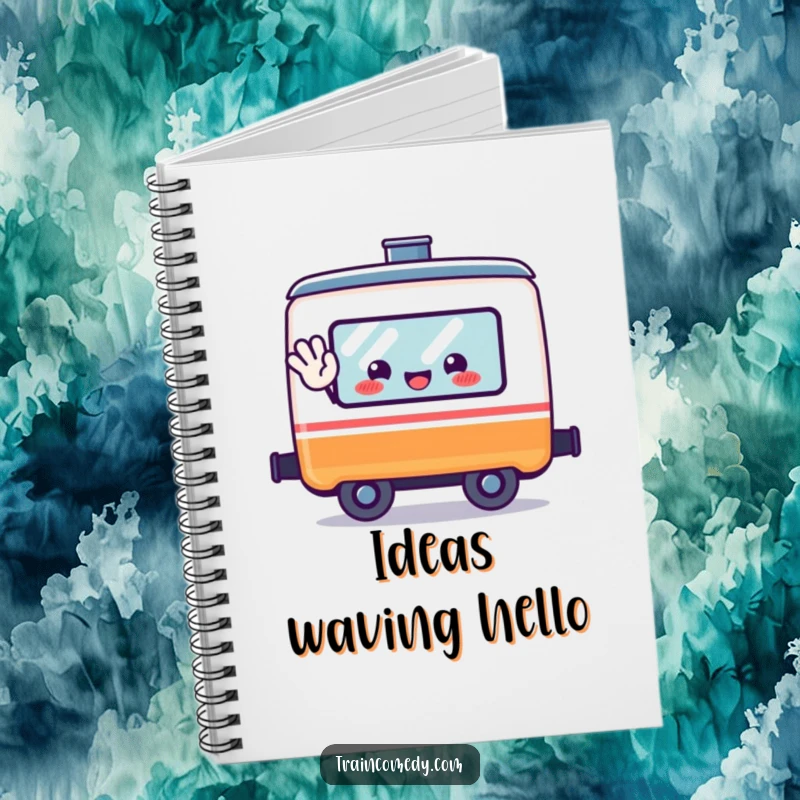 Funny kawaii train car character waving from a window on a notebook, encouraging cheerful note-taking.