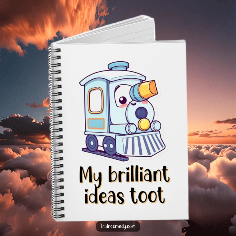 Funny kawaii train character happily tooting its horn with a smile on a notebook, encouraging cheerful note-taking.