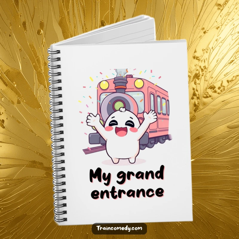 Funny notebook cover with a giggling character, arms raised, confetti showering down from a train whistle, celebrating creative energy.