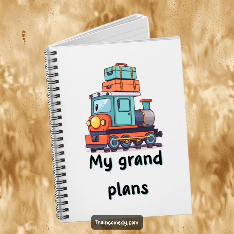 Funny notebook cover with a playful train character precariously balancing a stack of tiny suitcases on its roof, inspiring travel plans.