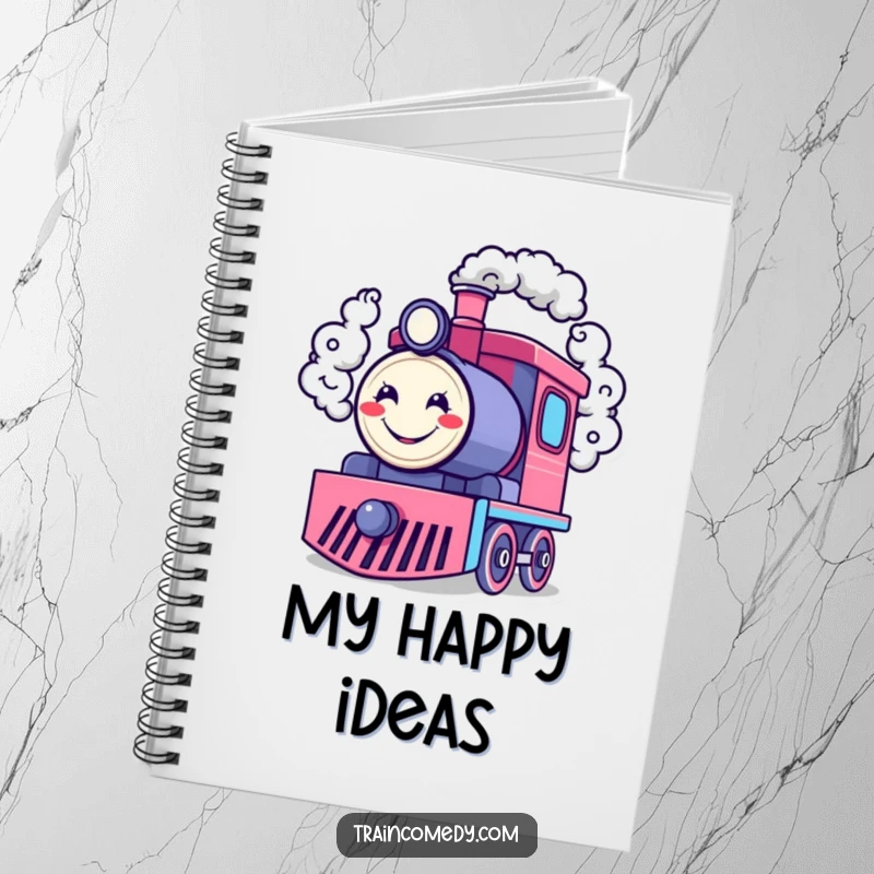 Funny notebook cover with a happy train engine character blowing smoke rings shaped like cheerful smiley faces, inspiring joyful note-taking.