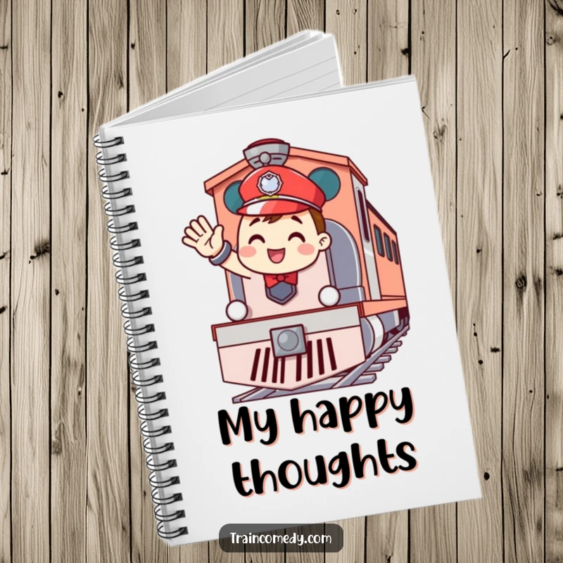 Funny notebook cover with a cheerful train conductor waving enthusiastically from the front of a train engine, inspiring creative note-taking.