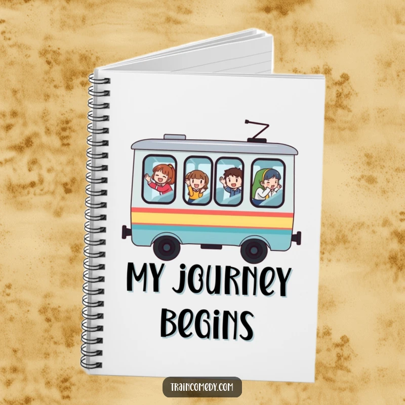 Funny train notebook, whimsical cover with oversized windows, passengers waving, perfect for journaling or note-taking.