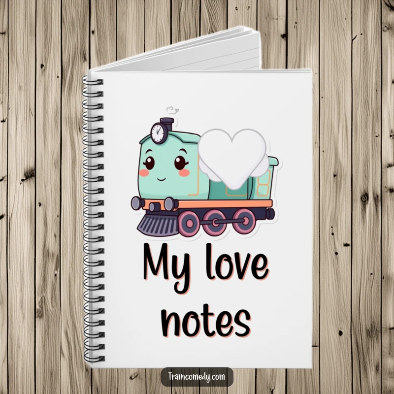 Cute train character with a heart cloud, featured on a notebook for writing love notes.