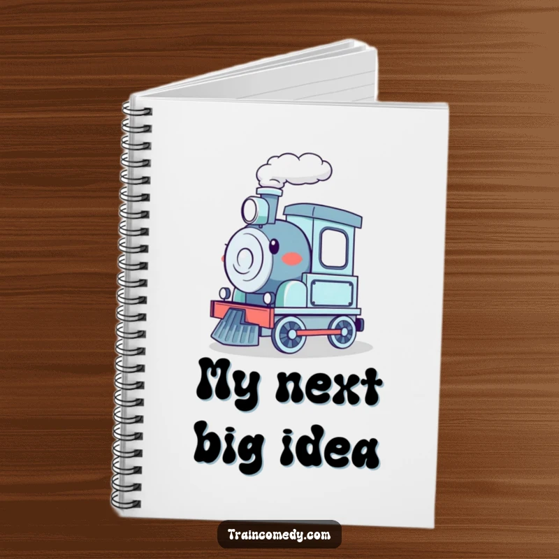 Funny notebook with a cover illustration of a happy cartoon train excitedly chugging along, ideal for writing and planning.