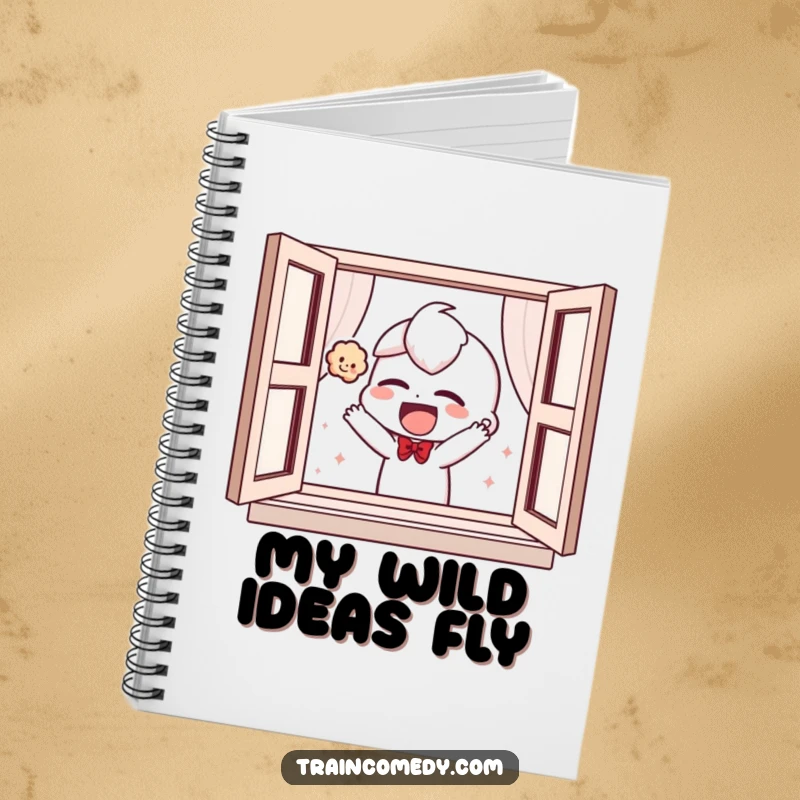 Funny notebook featuring a giggling character playfully tossing a plush toy out of a window, ideal for writing and planning.