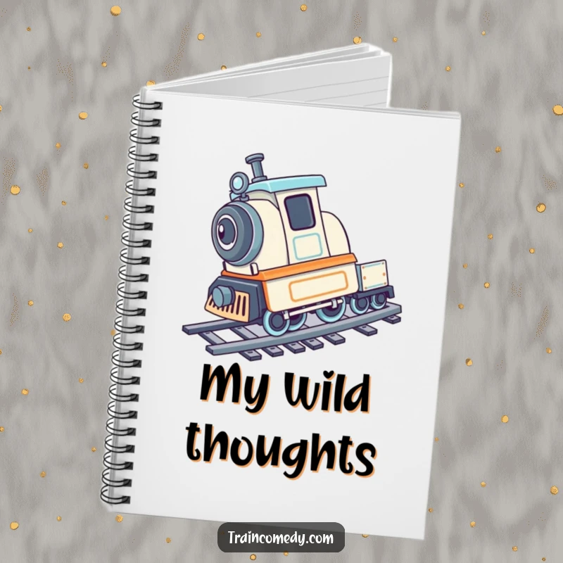 Playful train character cartwheeling on tracks, featured on a notebook for capturing energetic ideas.