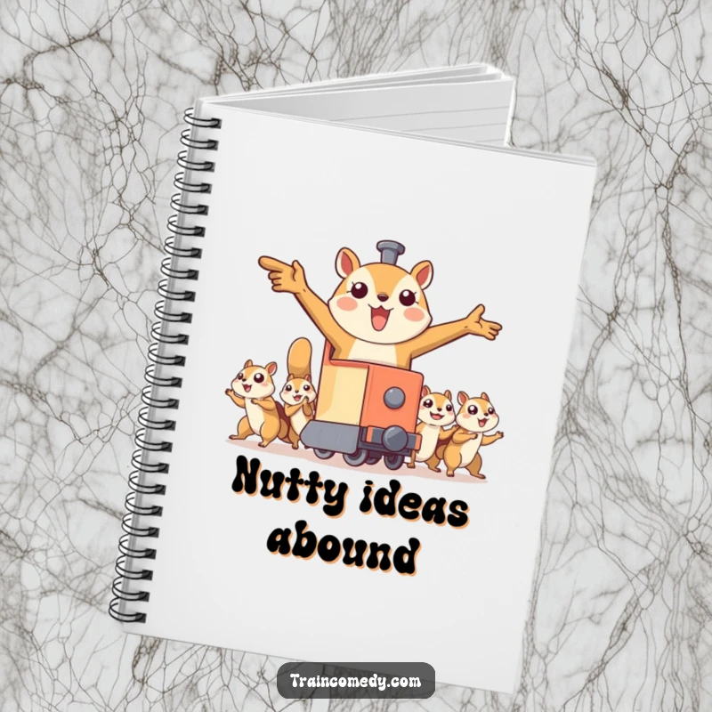 Funny notebook featuring a train character with arms outstretched, pulled by flying squirrels, encouraging creative writing and note-taking with an adventurous theme.