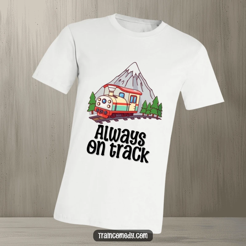 Funny kawaii train peeking mischievously from behind a giant mountain, creating a humorous and adventurous scene on this t-shirt.