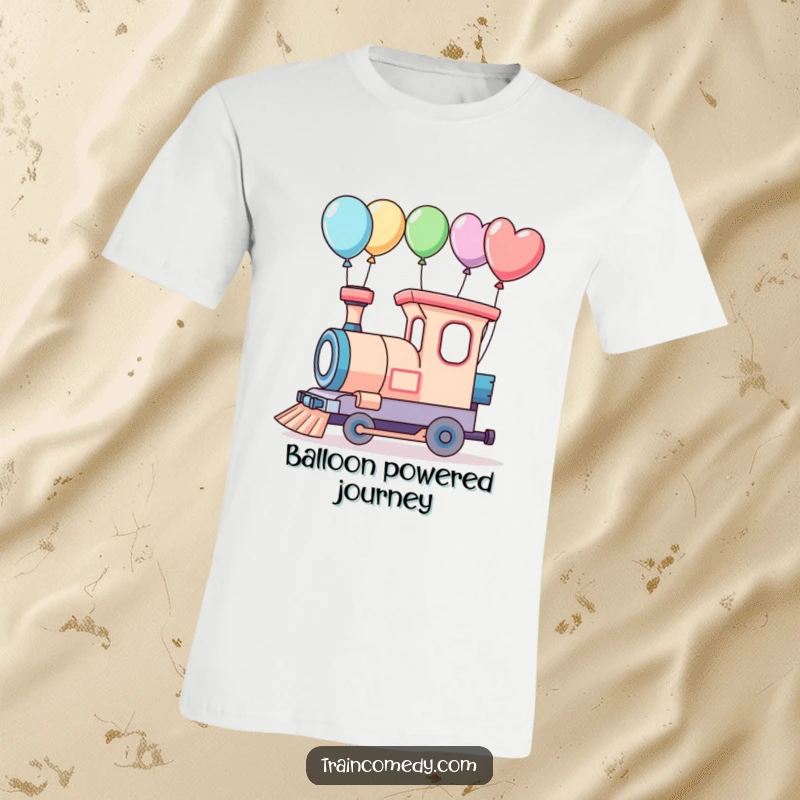 Funny t-shirt featuring a whimsical train with balloons on its carriages, embarking on a grand adventure.
