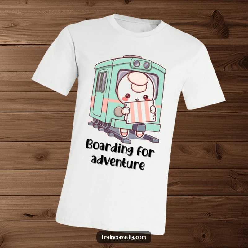 Funny, playful character holding a striped ticket, poised to board a whimsical train, printed on a comfortable and soft cotton t-shirt.