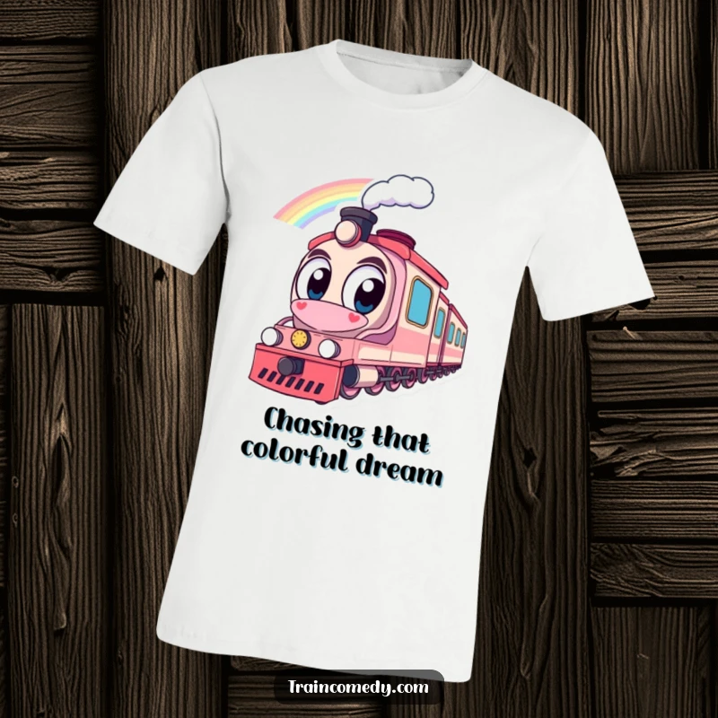 Funny t-shirt with a train character's big eyes looking at a beautiful rainbow, symbolizing hope and joy, perfect for any enthusiast.