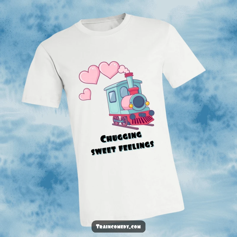 Funny t-shirt showcasing a Kawaii train car with smoke delightfully shaped like hearts trailing behind it.