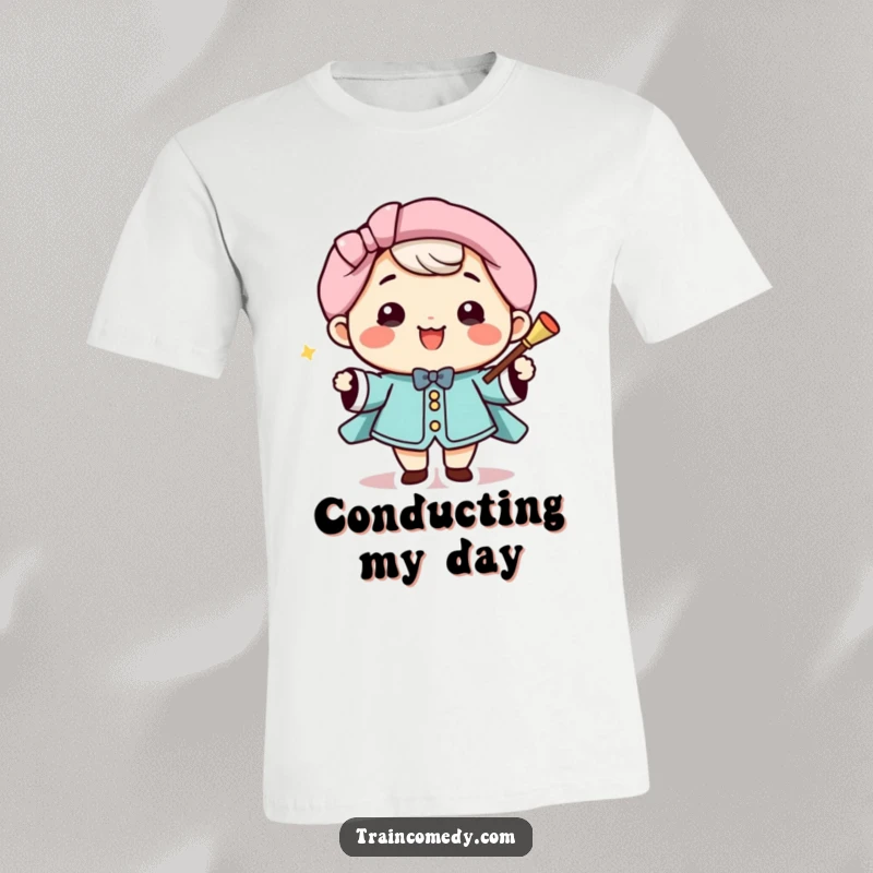 Funny T-Shirt: Happy Kawaii conductor with a baton, smiling broadly, directing with flair, a great funny gift.