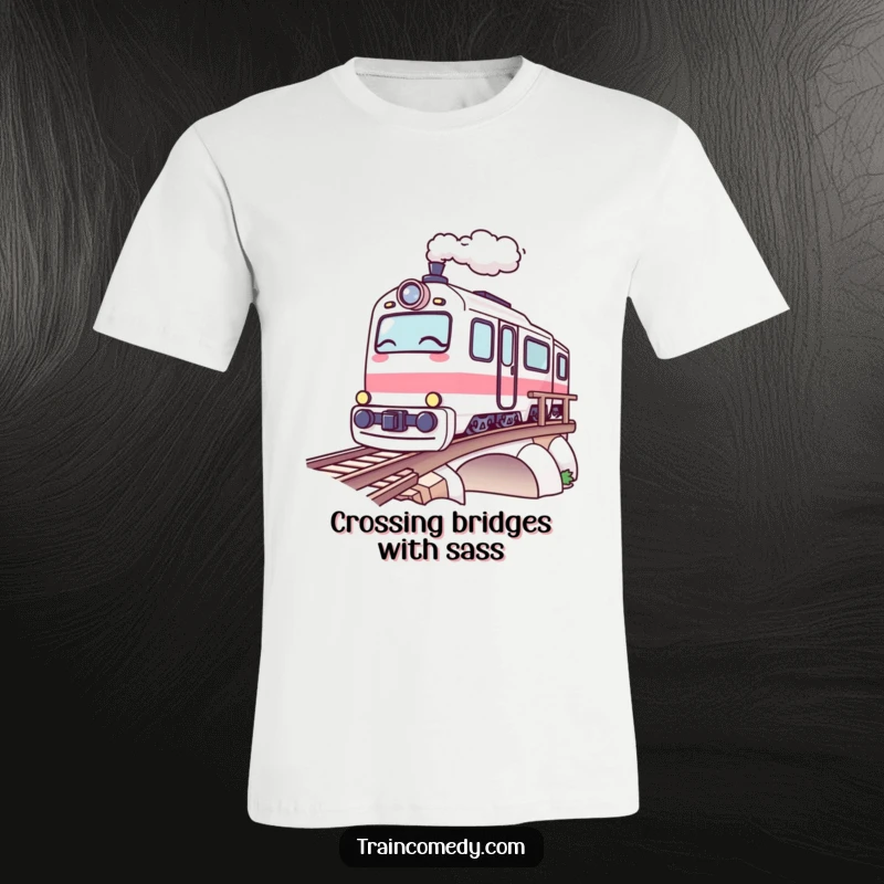 Funny Kawaii Train T-Shirt: A kawaii train winks cheekily while crossing a bridge, radiating fun and adventure.