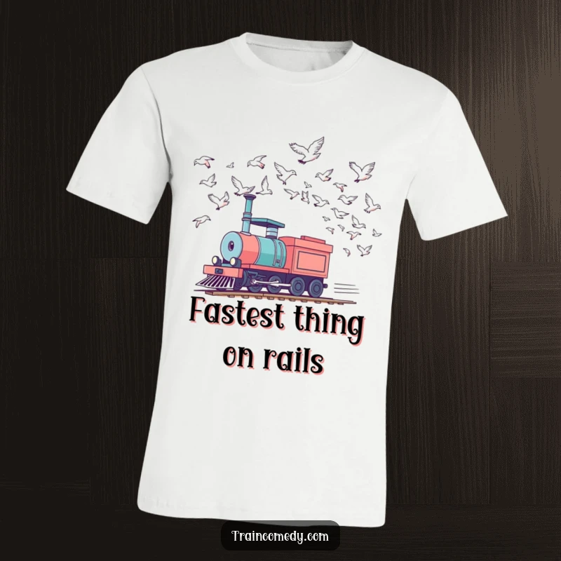 Funny train t-shirt showing a locomotive in a playful race against birds in the sky, a humorous and action-packed wearable.