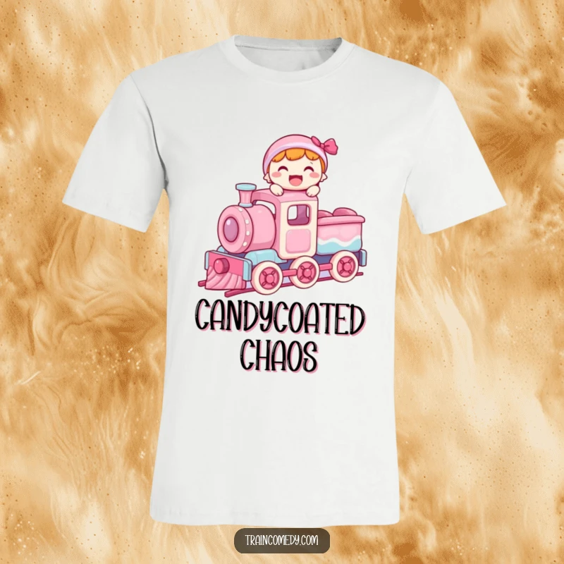 Funny t-shirt featuring a joyful character with a big smile, balancing on top of a moving train car constructed from candy.