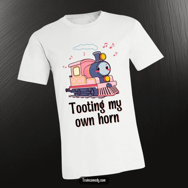 Funny t-shirt featuring a cheerful train engine tooting and creating a musical note trail.