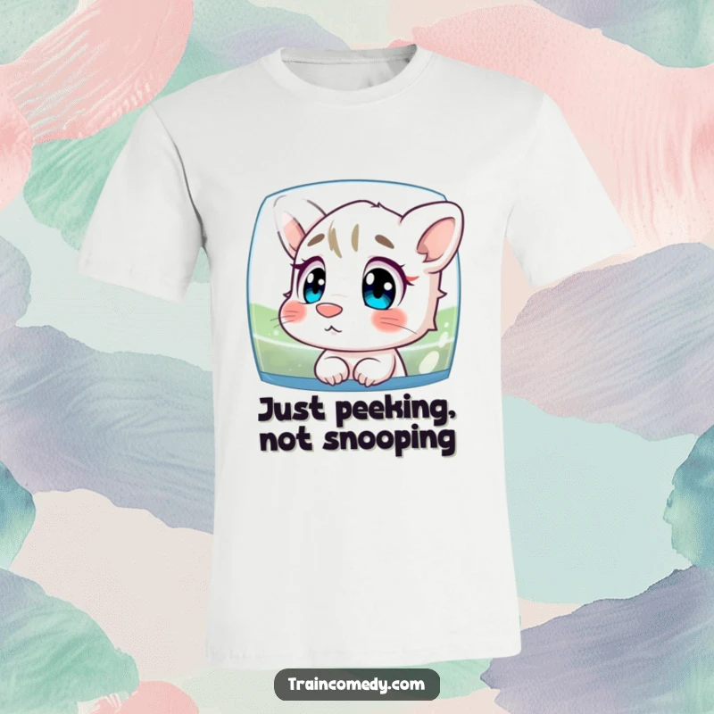 Funny graphic t-shirt depicting a curious character pressing its nose against glass, mesmerized by the passing scenery, expressing keen observation.