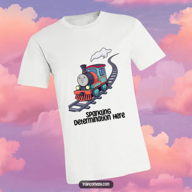 Funny determined train character chugging uphill leaving a trail of sparkling coal, a humorous and inspiring t-shirt.