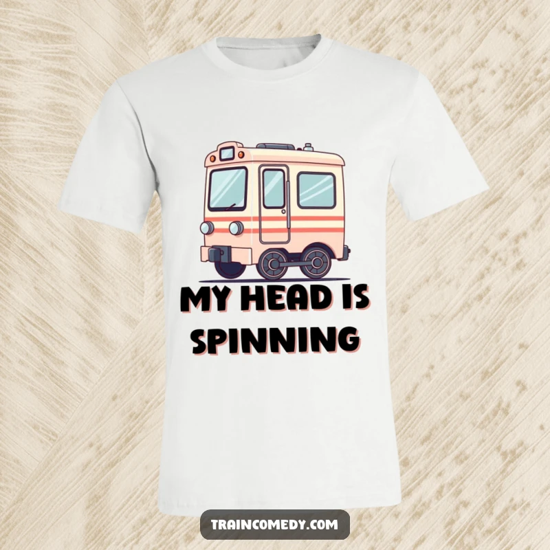 Funny t-shirt depicting a dizzy train car with its wheels spinning in a blur, suggesting comical disorientation and movement.
