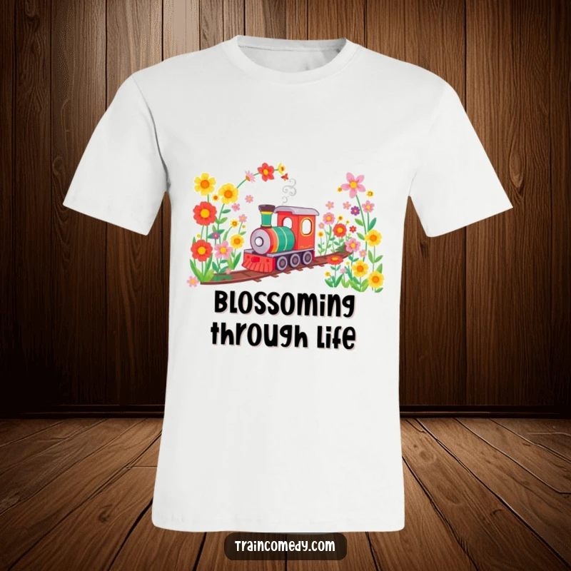 Funny t-shirt displays a train joyfully traveling through a tunnel of vividly colored flowers, highlighting a sense of adventure and happiness.