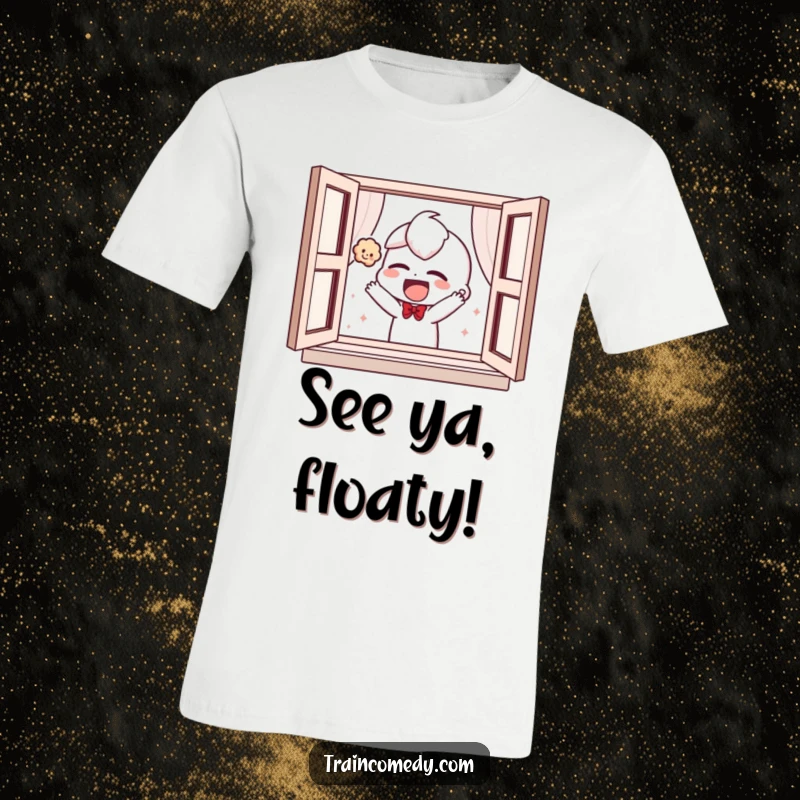 Funny t-shirt featuring a giggling character tossing a plush toy out a window, conveying playful mischief and joy.