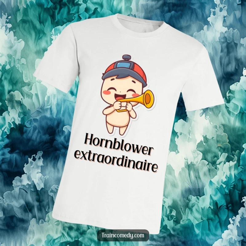 Funny t-shirt featuring a happy character with a big grin, playing a trumpet that clearly resembles a train horn with enthusiasm.
