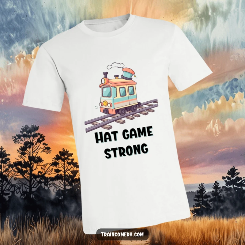 Funny t-shirt featuring a speeding train car sporting a jaunty hat, racing along a whimsical, wavy track. Energetic and amusing.