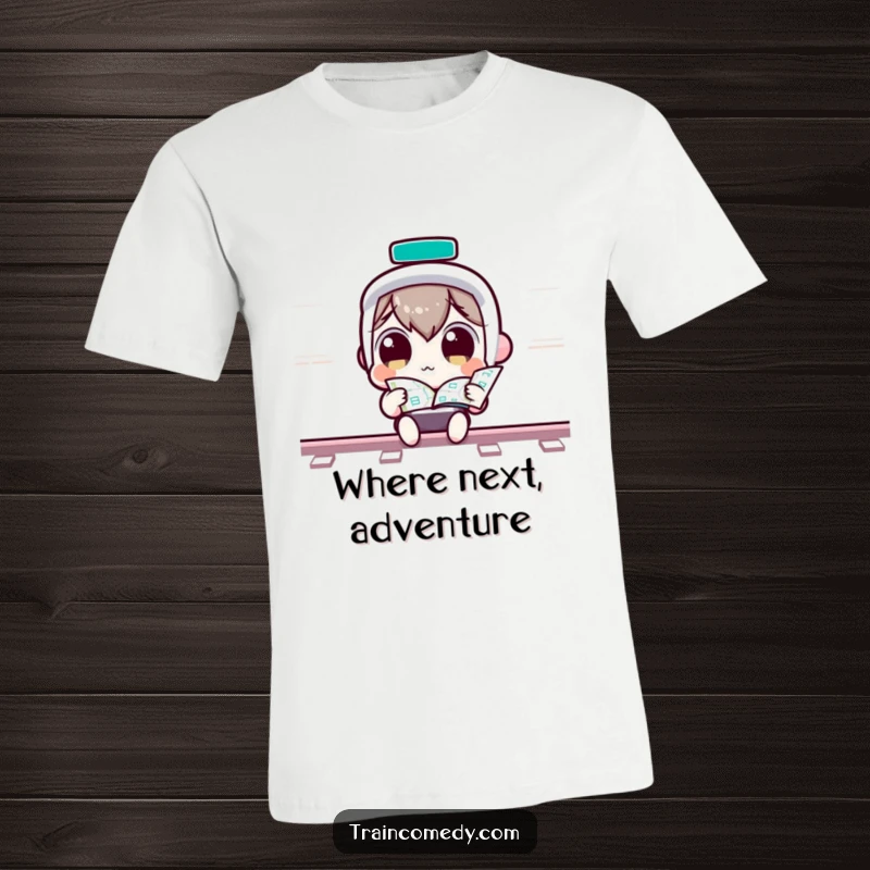 Funny T-Shirt: Curious Kawaii character with wide eyes examines a train map, planning an adventure, a fun funny gift.