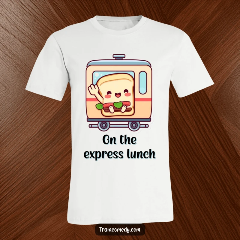 Funny t-shirt featuring a happy sandwich character inside a train car, waving goodbye with pure joy, a humorous travel companion.
