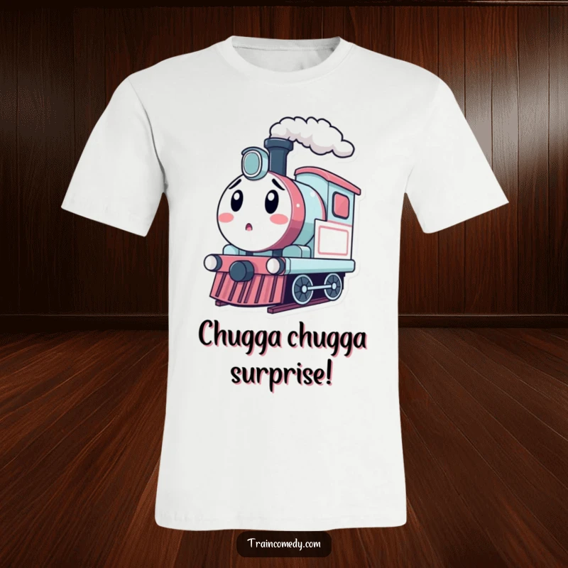 Funny kawaii train engine puffing steam with a comically surprised expression, perfect for a funny wearable.