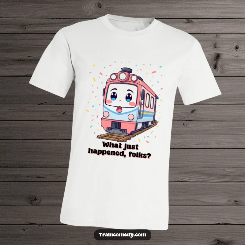 Funny train t-shirt depicting a surprised locomotive engulfed in confetti, a humorous and celebratory wearable for any occasion.