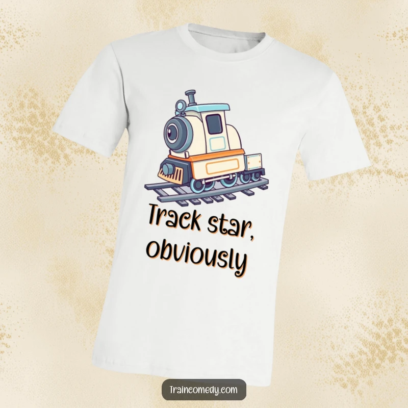 Playful train character executing a cartwheel on train tracks, printed on a t-shirt.