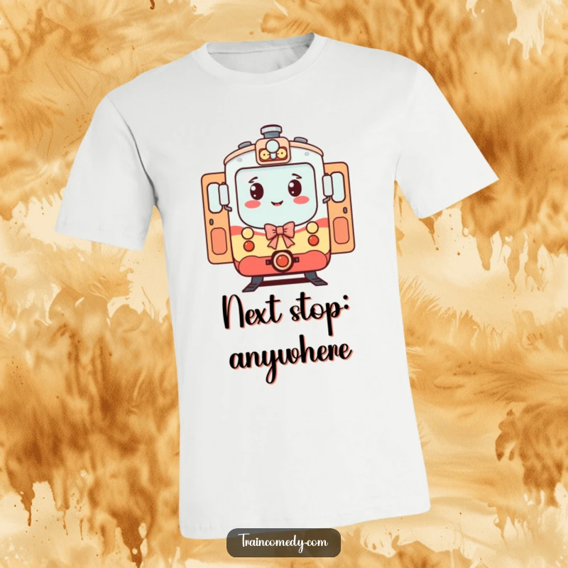 Funny Train T-Shirt: A polite train character bows with open doors, inviting everyone aboard with a funny, cheerful welcome.